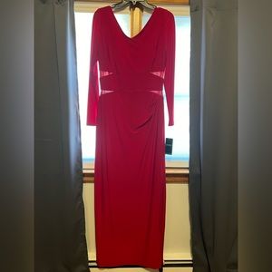 NWT Ralph Lauren long sleeve, floor length, side slit, side mesh dress gown red